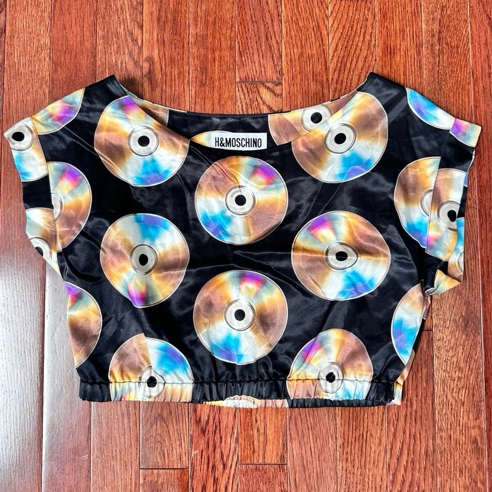 H&M x Moschino Black CD Disc Luxury Cotton Blend Crop Top